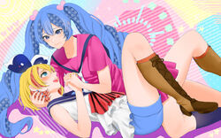  2girls :d aqua_eyes ascot blonde_hair blue_eyes blue_hair blue_nails blue_sailor_collar blue_shorts blush boots brown_footwear collarbone collared_shirt commentary couple eye_contact floating_hair hair_between_eyes hatsune_miku holding_hands interlocked_fingers kagamine_rin knee_boots long_hair looking_at_another meriko miniskirt multiple_girls necktie open_mouth pink_sailor_collar pink_serafuku pink_shirt pink_skirt pleated_skirt red_ascot sailor_collar sailor_shirt school_uniform serafuku shirt short_hair short_shorts shorts skirt sleeveless sleeveless_shirt smile very_long_hair vocaloid white_necktie white_shirt yellow_nails yuri 