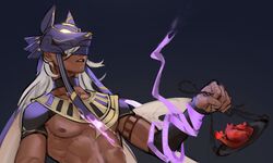  1boy absurdres animal_ears chains cyno_(genshin_impact) dark-skinned_male dark_skin egyptian egyptian_clothes egyptian_mythology elssympact fox_mask genshin_impact glowing heart_(organ) highres holding jackal jackal_ears long_hair male_focus mask nipples pharaoh_hound solo upper_body white_hair 