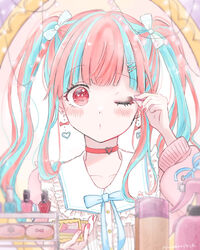  applying_makeup aqua_hair bang_dream! blush choker earrings female highres jewelry makeup mirror multicolored_hair nail_polish nyubara_reona one_eye_closed pine_(pineapple5459) pink_hair red_eyes red_nails solo streaked_hair twintails upper_body 