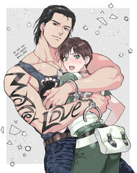  1boy billy_coen black_hair blue_eyes brown_hair commentary_request cuffs female fingerless_gloves gloves handcuffs highres muscular muscular_male nitako rebecca_chambers resident_evil resident_evil_0 shirt short_hair sleeveless sleeveless_shirt tattoo 