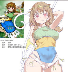  adapted_costume blue_dress bo_staff brown_hair circlet closed_mouth cowboy_shot dress fairyfloss female game_screenshot_inset green_dress groin long_hair low_twintails monkey_tail multicolored_clothes multicolored_dress multicolored_leotard official_art_inset panties red_eyes ruyi_jingu_bang single-shoulder_dress single_strap sleeveless sleeveless_dress smile smug solo son_biten tail touhou twintails underwear unfinished_dream_of_all_living_ghost white_panties yellow_dress zun_(artist) 