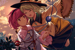  2girls :d black_hairband black_headwear blouse blue_shirt blunt_bangs bow buttons closed_eyes closed_mouth cloud commentary diamond_button dusk frilled_shirt_collar frilled_sleeves frills furahata_gen green_hair green_skirt hairband hand_up happy hat hat_bow heads_together heart heart_button heart_of_string highres komeiji_koishi komeiji_satori leaf long_sleeves looking_at_another looking_at_viewer lower_teeth_only medium_hair multiple_girls open_mouth outdoors outstretched_arms parted_bangs pink_eyes pink_hair pink_skirt red_eyes shirt short_hair siblings signature sisters skirt sky sleeves_past_fingers sleeves_past_wrists smile stitches teeth third_eye touhou wide_sleeves yellow_bow yellow_shirt 