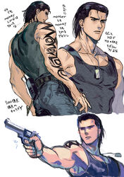  1boy billy_coen black_hair commentary_request cuffs fingerless_gloves gloves handcuffs highres muscular muscular_male nitako resident_evil resident_evil_0 shirt short_hair sleeveless sleeveless_shirt tattoo 