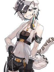  animal_ear_fluff animal_ears arknights armband bad_id bad_pixiv_id bandeau bare_shoulders belt black_bandeau black_gloves black_hair black_shorts breasts cabbie_hat checkered_clothes checkered_headwear cliffheart_(arknights) collarbone commentary cowboy_shot crossed_bangs female gloves grey_eyes grey_hair groin hair_between_eyes hand_on_own_hip hat highres jewelry leopard_ears leopard_tail looking_at_viewer midriff multicolored_hair navel necklace short_hair short_shorts shorts sidelocks simple_background sleeveless_duster small_breasts smile snow_leopard_ears snow_leopard_girl snow_leopard_tail solo streaked_hair tail taut_clothes underbust white_background white_belt white_hat ziu 