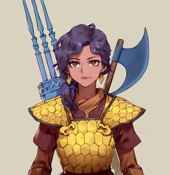  arabian_clothes armor axe brown_background brown_eyes closed_mouth dark-skinned_female dark_skin earrings female gauntlets gongxiao_zao helmet javelin_(spear) jewelry looking_at_viewer medieval mount_&amp;_blade original outdoors polearm ponytail purple_hair scale_armor simple_background smile solo spear warrior weapon 