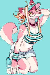  anthro blue_background bottomwear breasts canid canine clothed clothing crop_top digital_media_(artwork) eyewear female fox glasses kemono koki mammal midriff shirt shorts simple_background solo topwear 