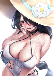  bare_arms bare_shoulders black_hair blue_archive breasts casual_one-piece_swimsuit cleavage collarbone covered_navel female from_above hair_over_one_eye halterneck hat highres hinata_(blue_archive) hinata_(swimsuit)_(blue_archive) ken_ill large_breasts long_hair official_alternate_costume one-piece_swimsuit one_eye_covered open_mouth red_eyes sideboob solo swimsuit wet white_background white_one-piece_swimsuit yellow_hat 