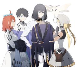  2boys 2girls ahoge alternate_hair_color artoria_caster_(fate) artoria_caster_(first_ascension)_(fate) artoria_pendragon_(fate) black_gloves black_hair black_jacket black_pants blanca_(fate) blonde_hair blue_eyes blue_flower bracelet bug cape cloak collared_shirt commentary crown diamond_hairband dress fate/grand_order fate_(series) flower fujimaru_ritsuka_(female) fujimaru_ritsuka_(female)_(decisive_battle_chaldea_uniform) fujimaru_ritsuka_(male) fujimaru_ritsuka_(male)_(decisive_battle_chaldea_uniform) fur-trimmed_cloak fur_trim gloves green_eyes hair_between_eyes hat highres holding jacket jewelry long_hair long_sleeves looking_at_viewer male_focus medium_hair moth multiple_boys multiple_girls ninjin_(ne_f_g_o) no_wings oberon_(fate) oberon_(overnight_dream)_(fate) official_alternate_costume orange_eyes orange_hair pants pantyhose shirt short_hair simple_background spoilers symbol-only_commentary tassel twintails uniform white_background white_jacket white_shirt wreath yellow_eyes 