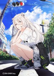  ahoge animal_ears bare_legs black_nails clothes_around_waist cloud commentary_request crosswalk day ear_piercing female from_side full_body grey_eyes grey_hair grin hair_between_eyes highres hololive jacket jacket_around_waist legs lion_ears long_hair looking_at_viewer nail_polish official_alternate_costume official_alternate_hairstyle official_art outdoors piercing road shirt shishiro_botan shishiro_botan_(casual) shoes short_sleeves smile solo squatting ssrb_(shishiro_botan) street tomari_(veryberry00) traffic_light virtual_youtuber white_shirt 