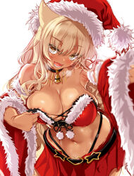  animal_ear_fluff animal_ears bare_shoulders bell belt blonde_hair breasts choker cle_masahiro cleavage collarbone commentary dark-skinned_female dark_skin detached_sleeves energy_wings fate/grand_order fate/grand_order_arcade fate_(series) female fox_ears fox_girl fox_tail fur_trim grin gyaru hat heart heart-shaped_pupils highres large_breasts long_hair looking_at_viewer navel neck_bell santa_costume santa_hat smile solo suzuka_gozen_(fate) suzuka_gozen_(santa)_(fate) symbol-shaped_pupils tail tan thighs wide_sleeves wings 