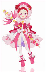  boots border dodo_(ojamajo_doremi) double_bun dress earrings female gloves hair_bun hakusai_(tiahszld) harukaze_doremi hat holding holding_staff jewelry magical_girl ojamajo_doremi pink_border pink_dress pink_eyes pink_footwear pink_gloves pink_hat puffy_short_sleeves puffy_sleeves red_hair short_bangs short_sleeves smile solo staff 