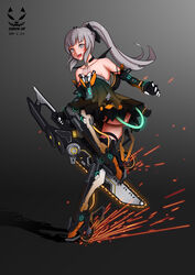  bare_shoulders black_dress chainsword dated dress female grey_eyes grey_hair highres huge_weapon long_hair mechanical_arms mechanical_legs nanami:_pulse_(punishing:_gray_raven) nanami_(punishing:_gray_raven) open_mouth ponytail punishing:_gray_raven shadow_cat_(yingmiao) sidelocks skates solo teeth upper_teeth_only very_long_hair weapon 