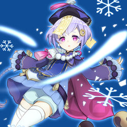  bandaged_leg bandages bead_necklace beads braid cape coin_hair_ornament commentary female genshin_impact hair_ornament hat jewelry jiangshi long_hair long_sleeves looking_at_viewer low_twintails necklace ofuda orb parted_lips purple_eyes purple_hair qingdai_guanmao qiqi_(genshin_impact) shorts sidelocks simple_background single_braid solo thighhighs twintails tyenka7728 white_thighhighs yin_yang yin_yang_orb 