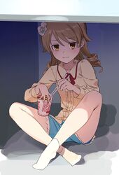  absurdres bare_legs chopsticks commentary_request drill_hair earrings female flower hair_flower hair_ornament highres idolmaster idolmaster_cinderella_girls jewelry knees_up long_hair long_sleeves looking_at_viewer morikubo_nono neck_ribbon nissin_cup_noodle no_shoes nyum ribbon ringlets shirt shorts sitting socks solo thighs under_the_desk_(idolmaster) white_socks yellow_eyes yellow_shirt 