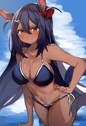  animal_ears bad_id bad_twitter_id bikini blue_bikini blue_hair blush breasts cleavage closed_mouth cloud dark-skinned_female dark_skin day female frown hair_between_eyes hair_ornament hairclip hand_on_own_hip highres hishi_amazon_(umamusume) horse_ears horse_girl horse_tail inuyayo large_breasts long_hair looking_at_viewer outdoors red_eyes side-tie_bikini_bottom sky solo swimsuit tail umamusume v-shaped_eyebrows 