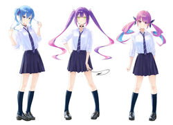  3girls alternate_costume black_choker blue_eyes blue_hair blue_ribbon blue_skirt blue_socks choker closed_mouth collared_shirt colored_inner_hair demon_tail full_body green_eyes hair_ribbon highres hololive hoshimachi_suisei kneehighs long_hair looking_at_viewer makimaki_makky7 medium_hair minato_aqua multicolored_hair multiple_girls necktie pink_hair pleated_skirt purple_eyes purple_hair ribbon shirt shoes side_ponytail simple_background skirt socks standing startend_(hololive) striped_necktie tail tokoyami_towa twintails two-tone_hair very_long_hair virtual_youtuber white_background white_shirt 