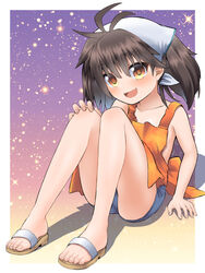  :d antenna_hair apron arm_support bare_arms bare_legs bare_shoulders black_hair blue_shorts brown_eyes brown_footwear commentary_request commission feet female flat_chest full_body hair_between_eyes hand_on_own_knee head_scarf knees_up m.m orange_apron sandals short_shorts shorts sitting skeb_commission smile solo sound_voltex toenails toes twintails yamashina_kanade 