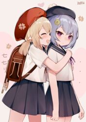  2girls ahoge alternate_costume backpack bad_id bad_pixiv_id bag blonde_hair blush closed_eyes closed_mouth coin_hair_ornament frown genshin_impact hair_ornament hug hug_from_behind klee_(genshin_impact) low_twintails multiple_girls open_mouth pleated_skirt purple_eyes purple_hair purple_headwear qiqi_(genshin_impact) randoseru red_headwear skirt smile twintails xoaiu 