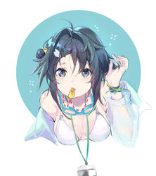  arknights bikini black_eyes black_hair blowing_whistle blue_background bracelet breasts circle expressionless female goggles goggles_around_neck hair_ornament hand_in_own_hair highres jacket jacket_over_swimsuit jewelry la_pluma_(arknights) la_pluma_(summer_flowers)_(arknights) looking_at_viewer off-shoulder_shirt off_shoulder portrait see-through see-through_shirt shirt simple_background skindentation solo swimsuit whistle whistle_around_neck white_background yumuto_(spring1786) 