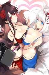  2girls akagi_(azur_lane) akagi_(paradise_amaryllis)_(azur_lane) animal_ears azur_lane bikini black_hair blue_bikini blue_eyes bracelet breast_press breasts cellphone cleavage hair_ornament heart highres iphone jewelry kaga_(azur_lane) kaga_(everlasting_killing_stone)_(azur_lane) large_breasts long_hair mask mask_on_head multiple_girls multiple_tails official_alternate_costume phone red_bikini red_eyes selfie selfie_stick short_hair simple_background smartphone standing swimsuit symmetrical_docking tail tomochi_(tmc_tmc8) v watermark white_background white_hair 