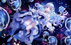  &gt;_&lt; &gt;o&lt; ahoge aitsuki_nakuru anklet asymmetrical_legwear bloomers blue_eyes blue_hair bow breasts bubble collarbone commentary coral coral_reef dark_background detached_sleeves dress female fish floating_clothes floating_hair full_body gem glowing glowing_hair highres jellyfish jewelry la_priere long_hair looking_at_viewer medium_breasts multicolored_hair nardack necklace official_art outstretched_arms shoes sleeveless sleeveless_dress smile spread_arms thighhighs thighlet underwater underwear utaite white_hair 