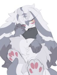  ambiguous_gender anthro closed_eyes clothed clothing front_view fur grey_body grey_fur hi_res lagomorph leporid long_ears mammal multicolored_eyes puraco rabbit simple_background solo white_background 