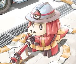  belt clothed_pokemon commentary drain_(object) firefighter firefighter_jacket fuecoco helmet holding hose jacket looking_down mukiguri no_humans open_mouth pokemon pokemon_(creature) solo 