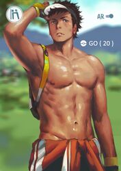  1boy abs backpack bag bara black_eyes blurry blurry_background clothes_around_waist day fingerless_gloves gloves looking_at_viewer male_focus male_protagonist_(pokemon_go) muscular muscular_male navel nipples outdoors parted_lips pectorals penguin_frontier pokemon pokemon_go shirt shirt_around_waist short_hair solo teeth topless_male visor_cap 