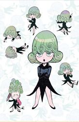  bare_legs chibi comb crossed_arms curly_hair dress eating eyes_visible_through_hair female floating_hair green_eyes green_hair hair_dryer highres long_sleeves lying multiple_views murata_yuusuke on_back one-punch_man one_(style) pelvic_curtain standing tatsumaki 