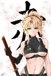  alternate_breast_size bare_shoulders blonde_hair braid breasts covered_collarbone elbow_gloves fate/apocrypha fate/grand_order fate_(series) female gloves green_eyes hair_ornament hair_scrunchie half_up_braid highres katana keisuke_desu~ looking_at_viewer medium_breasts mordred_(fate) mordred_(fate/apocrypha) navel ponytail red_scrunchie scrunchie single_elbow_glove single_glove solo sword underboob upper_body weapon 