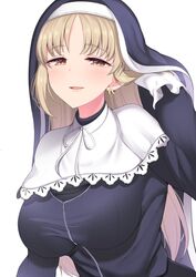  black_dress blonde_hair blush breasts brown_eyes capelet commentary dress earrings female full-length_zipper gloves habit half-closed_eyes hand_in_own_hair highres jewelry large_breasts lips long_hair long_sleeves looking_at_viewer nijisanji nun open_mouth parted_bangs simple_background sister_claire sister_claire_(1st_costume) smile solo straight_hair suzutarou_gunsou traditional_nun upper_body virtual_youtuber white_background white_capelet white_gloves zipper zipper_dress 