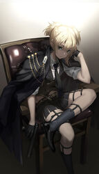  black_legwear black_necktie black_skirt blonde_hair bolt_action breasts corset crossed_legs english_commentary female girls&#039;_frontline gun handgun jacket jacket_on_shoulders legwear_garter looking_at_viewer m2_(guvn5745) medium_breasts midriff_peek necktie pinstripe_pattern pinstripe_vest short_hair skirt solo striped_clothes striped_vest thighs two_side_up vest weapon welrod welrod_mkii_(girls&#039;_frontline) 