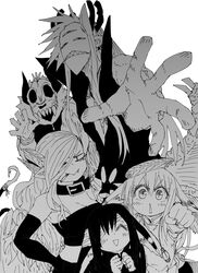  2girls 4boys :&lt; :d absurdres black_horns breasts byakuren_(mazohana) cigarette clenched_hand closed_mouth crown_(mazohana) demon_boy demon_girl demon_horns fang_out fangs greyscale highres horns kewpie_(mazohaha) kokuren_(mazohana) mask medium_breasts mokugyo_(mazohana) monochrome multiple_boys multiple_girls musuko_ga_kawaikute_shikatanai_mazoku_no_hahaoya oerba_yun_fang open_mouth outstretched_hand sharp_teeth simple_background skull skull_mask smile teeth white_background zyugoya 