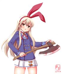  aikatsu! aikatsu!_(series) alternate_costume axe blonde_hair cosplay female grey_eyes highres hoshimiya_ichigo hoshimiya_ichigo_(cosplay) kanon_(kurogane_knights) kantai_collection look-alike school_uniform shimakaze_(kancolle) starlight_academy_school_uniform 