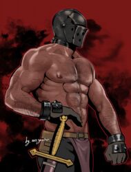  1boy abs areyouhun_(sleeplazycat) arm_hair artist_name bara black_background chest_hair clenched_hand crusader_(darkest_dungeon) darkest_dungeon gauntlets helmet highres male_focus mask muscular muscular_male nipples pectorals red_background scar shield solo sword topless_male weapon 