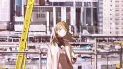  absurdres brown_eyes brown_hair building coat construction dress falling_petals female floating_hair high_collar highres long_hair looking_to_the_side loundraw open_hand original outdoors petals solo turtleneck 