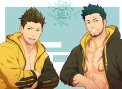  2boys aqua_eyes arm_tattoo bara black_hair brown_eyes chest_tattoo crossover facial_hair grin gyee hood hooded_jacket jacket jigoku_meguri male_focus multiple_boys muscular muscular_male open_clothes open_jacket open_mouth pectoral_cleavage pectorals priapus priapus_a._tarou sengoku_basara short_hair smile spiked_hair tattoo teeth tokugawa_ieyasu_(sengoku_basara) upper_body 