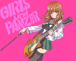  black_thighhighs blunt_bangs bow_(music) brown_hair dutch_angle electric_guitar female gibson_brands_inc gibson_les_paul girls_und_panzer guitar highres instrument long_hair music ooarai_school_uniform orange_hair pink_background playing_instrument school_uniform serafuku solo takebe_saori thighhighs yamashita_shun&#039;ya zettai_ryouiki 