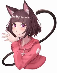  absurdres animal_ear_fluff animal_ears blush brown_hair cat_ears cat_girl cat_tail commentary_request cropped_torso drawstring female hand_up higashigure highres hood hood_down hoodie kmnz long_sleeves looking_at_viewer mc_liz nail_polish parted_lips pink_hoodie pink_nails purple_eyes short_hair simple_background solo tail tail_raised upper_body virtual_youtuber white_background 