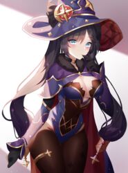  absurdres bad_id bad_pixiv_id black_choker black_gloves black_hair blue_eyes blue_leotard blush breasts brown_pantyhose capelet choker cleavage detached_sleeves female floating_hair genshin_impact gloves hair_between_eyes hair_ornament hat highres leotard long_hair long_sleeves looking_at_viewer medium_breasts meoyo mona_(genshin_impact) open_mouth pantyhose purple_capelet purple_hat purple_sleeves solo standing thigh_gap twintails very_long_hair white_background witch_hat 