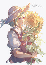  absurdres ascot collared_shirt commentary cropped_torso eyebrows_hidden_by_hair female flower frilled_shirt_collar frills green_hair hand_up hat hat_ribbon highres holding holding_flower kazami_yuuka leaf light_blush looking_at_flowers parted_lips puffy_short_sleeves puffy_sleeves qizhongji red_eyes red_skirt red_vest ribbon shirt short_hair short_sleeves signature simple_background skirt skirt_set solo straw_hat sunflower touhou vest white_background white_ribbon white_shirt yellow_ascot 