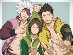  3boys abs bara black_hair brown_eyes chousokabe_motochika_(sengoku_basara) double_v eyepatch green_jacket hood hooded_jacket jacket jigoku_meguri male_focus mouri_motonari_(sengoku_basara) multiple_boys muscular muscular_male open_clothes open_jacket open_mouth pectoral_cleavage pectorals purple_jacket sengoku_basara short_hair simple_background smile spiked_hair tokugawa_ieyasu_(sengoku_basara) upper_body v white_hair yellow_jacket 