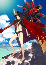  barefoot bikini fate/grand_order fate_(series) female jacket long_hair looking_at_viewer oda_nobunaga_(fate) oda_nobunaga_(swimsuit_berserker)_(fate) oda_nobunaga_(swimsuit_berserker)_(second_ascension)_(fate) official_art pako_(pakosun) red_eyes red_jacket swimsuit very_long_hair weapon 