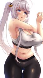  azur_lane bare_arms bare_shoulders black_pants blue_eyes blush breasts cleavage cowboy_shot female grey_hair hair_ornament highres illustrious_(azur_lane) large_breasts long_hair midriff mole mole_under_eye navel pants parted_lips simple_background smile solo sports_bra stretching thigh_gap wee_(weeyy) white_background 