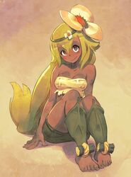  absurdres amalia_sheran_sharm arm_support bare_shoulders barefoot breasts brown_eyes closed_mouth dark-skinned_female dark_skin english_commentary female flower full_body green_hair hair_flower hair_ornament highres long_hair looking_at_viewer medium_breasts sitting smile solo strapless wakfu xaxaxa 