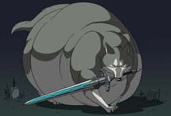  2014 all_fours ambiguous_gender belly big_belly big_sword canid canine canis cemetery claws dark_souls feral fromsoftware fur great_grey_wolf_sif hectorthewolf looking_at_viewer mammal melee_weapon morbidly_obese morbidly_obese_ambiguous morbidly_obese_feral obese obese_ambiguous obese_feral overweight overweight_ambiguous overweight_feral shadow solo sword sword_in_ground sword_in_mouth tombstone weapon wolf yellow_eyes 