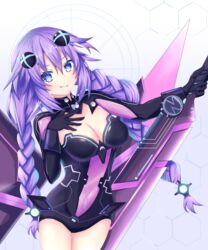  blue_eyes blush braid breasts cleavage closed_mouth commentary_request cowboy_shot female gloves hair_between_eyes hair_ornament highres holding holding_sword holding_weapon kumari7 long_hair looking_at_viewer neptune_(series) power_symbol power_symbol-shaped_pupils purple_hair purple_heart_(neptunia) smile solo sword symbol-shaped_pupils twin_braids weapon 