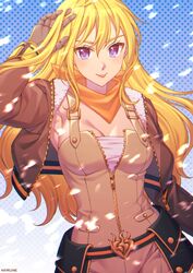  artist_name blonde_hair blue_eyes breasts brown_jacket cleavage closed_mouth female floating_hair hair_between_eyes highres jacket jumpsuit kio_rojine long_hair long_sleeves looking_at_viewer medium_breasts open_clothes open_jacket partially_unzipped prosthesis prosthetic_arm prosthetic_hand rwby smile solo tongue tongue_out unzipped upper_body yang_xiao_long 