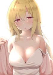  absurdres backlighting blonde_hair blush breasts camisole cleavage collarbone commentary eyelashes female hair_between_eyes half-closed_eyes highres idolmaster idolmaster_cinderella_girls kurosaki_chitose large_breasts long_hair looking_at_viewer open_mouth red_eyes simple_background sleepy solo straight_hair strap_slip suzutarou_gunsou upper_body white_background white_camisole 