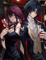  1boy absurdres alcohol belt black_belt black_dress black_hair black_jacket black_pants black_suit blade_(honkai:_star_rail) bow bowtie breasts cleavage closed_mouth commentary cowboy_shot cup dress drinking_glass earrings expressionless female fingernails formal fractalmagnolia glass hair_between_eyes highres holding holding_cup honkai:_star_rail honkai_(series) indoors jacket jewelry kafka_(honkai:_star_rail) large_breasts long_hair looking_at_viewer necklace pants parted_bangs purple_eyes purple_hair red_eyes red_wine sidelocks smile standing suit symbol-only_commentary wine wine_glass 